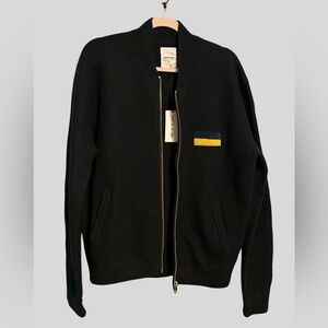 Wood Wood Foster Bomber Jacket Men’s Large Black Merino Wool Zip Sweater NWT